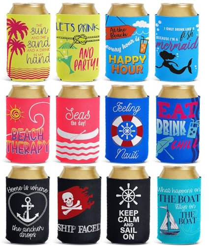 Dosenkühler, 12 Neopren-Schutzhüllen für 350-ml Dosengetränke mit Strand- und Segeldesigns und Lustigen Sprüchen