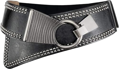 Women's Fashion Vintage Wide Waist Belt Elastic Stretch Cinch Belts With Interlock Buckle, Black, One Size
