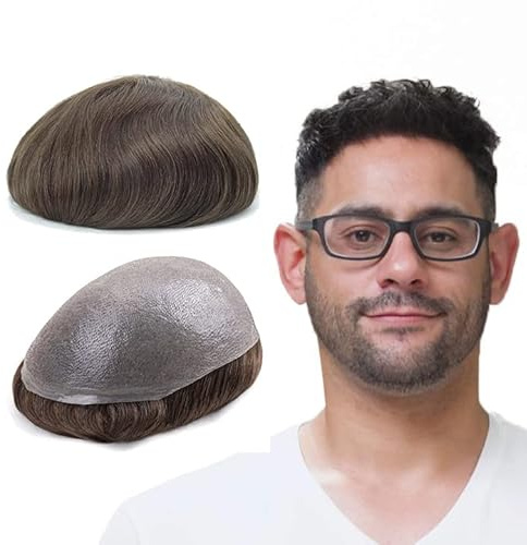 Lordhair Toupee for Men with 100% European human hair 8x10 inch Hairpiece for Men 0.03mm Ultra Thin Skin Hairsystem All V-looped Mens Toupee (Medium Dark Brown #4+10% Grey hair)