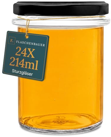 Flaschenbauer - 24er Set Sturzgläser 214ml - Einmachgläser mit Deckel TO66, Marmeladengläser, Schraubgläser, Joghurtgläser, Sturzgläser zur Aufbewahrung, Twist-Off-Deckel - Made in Germany (Schwarz)