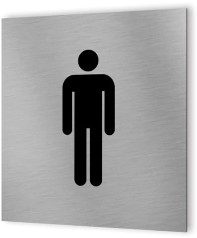 DECOHO - Pictogramme WC format 20 cm x 20 cm en Dibond Aluminium brossé - Modèle toilettes Homme - Argent