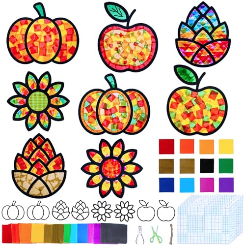 EXQUISS Fall Tissue Paper Crafts for Kids, Tissue Papers Stained Glass Effect Paper Sun Catcher Kit, Autumn Silhouette Window Decorations for Kids DIY Holiday Classroom Activity Art Project
