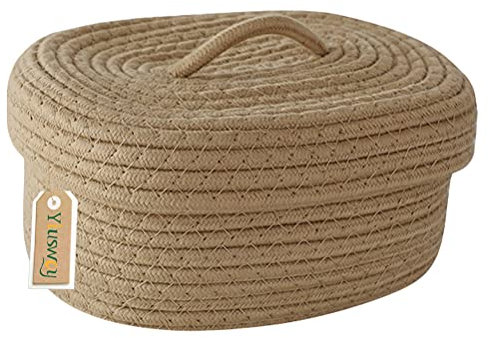 Yiuswoy Baumwollseilkorb Klein Geflochtener Aufbewahrungskorb mit Deckel Multifunktionelle Organizer Körbe für Babyzimmer Accessoires, Schminke, Schlüssel (Braun)