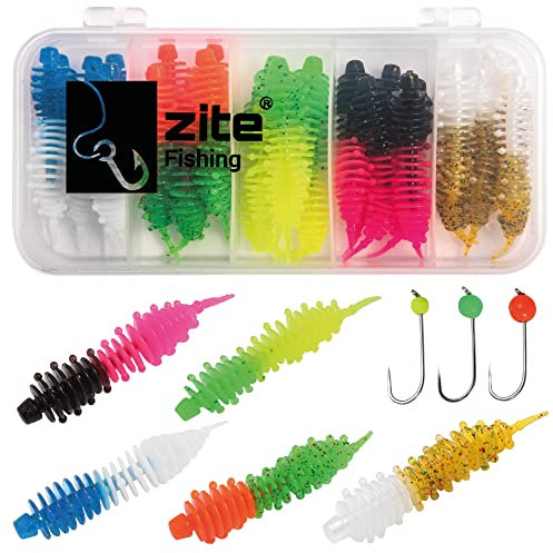 Zite Fishing Forellen-Köder Gummi Set mit Box – 25STK Lamellen-Würmer Angelköder + 3 Tungsten-Jigköpfe