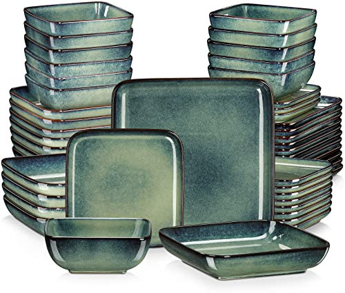 Tafelservice 12 personen rechteckig, vancasso 48 teiliges STERN Geschirrset 12 Personen, Kombiservice Set Steinzeug, Beinhaltet Müslischalen, Suppenteller, Dessertteller und Speiseteller， Grün