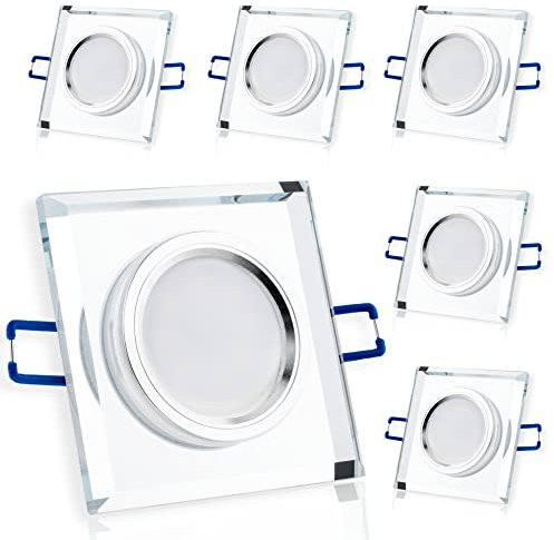 Lumiled Einbaustrahler LED Einbauleuchte 6er Set Einbauspot Spot Deckenspot Deckeneinbauleuchte klar eckig flach Glas Spiegel inkl. 6x 6W Leuchtmittel GU10 Fassung Kaltweiß 6500K Abstrahlwinkel 120°