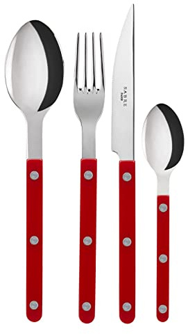Sabre Paris | Juego de cubiertos de mesa 4 piezas 24cm Bistrot, color burdeos y acabado brillante. Incluye cuchillo, tenedor, cucharada y cuchara pequeña de acero inoxidable.