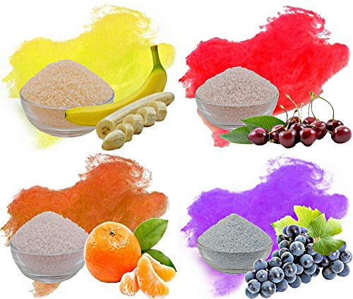 4x 500g Aromazucker Set mit Geschmack Banane Kirsche Apfelsine Traube farbiger Zucker für Zuckerwatte