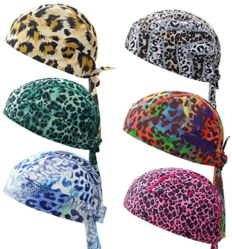 Dew Rag Skull Caps for Men, Cycling Sweat Wicking Doo Rags Head Wrap, Motorcycle Helmet Liner Bandana Do Rags-Leopard Cap 6 Pack