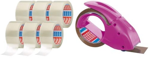 tesapack 64014 - Geräuscharmes Paketklebeband zum Verpacken von Paketen und Versandschachteln - transparent - 6 Rollen je 66m, 6er Pack & Abroller Pack' n' Go - Inklusive 50m x 48mm Klebeband