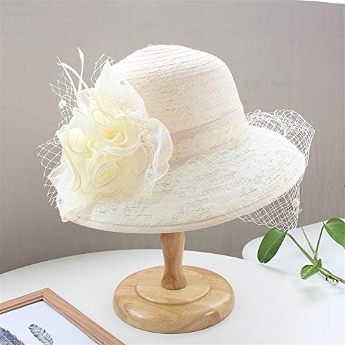 Damen Sonnenhut FüR Damen Floppy UPF 50 Damenhut Hochzeit Kirche Hüte Der Frauen Elegante Rüschen Wide Brim Blumen- Organza Kirche Cap Partei Big Sommer Floppy Damen Sonnenhut, 5 Farben Eine GröSse Pa