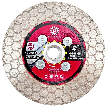 FOCSTOL Diamant Trennscheibe 105mm - Fliesentrennscheibe Schneiden und Schleifen mit M14 Flansch für Porzellan Keramik Fliesen Marmor Granit Kunststein Quarz