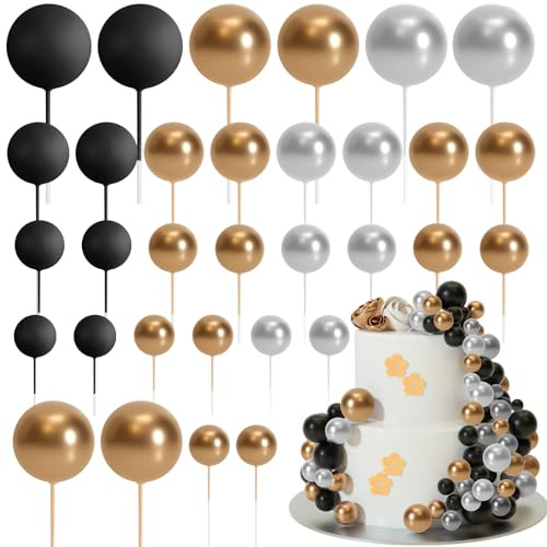ASTARON 32 Pz Palla Cake Topper Mini Palloncini Cake Topper Bastoncini Palline di Schiuma Scelte per Torta Palline Decorazioni per Torte per Matrimonio Festa Compleanno (Oro Argento Nero)