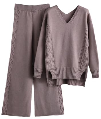 tinetill Ensemble de costume tricoté pour femme, ensembles de tenues de jogging 2 pièces, pull tricoté + pantalon large, combinaison de sport, survêtement, ensemble de vêtements de détente tendance