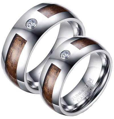 Daesar - Anillos Pareja Personalizados,8MM Anillo Plata Marrón con Redondo y Grano de Madera Anillos de Tungsteno Matrimonio Anillos Talla Mujer 17(57mm) + Hombre 17(57mm)