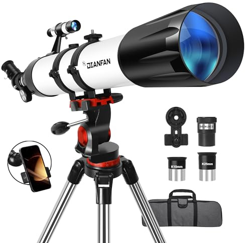Dianfan Telescope, 90 mm Opening 800 Telescope Astronomy for Adults, 32X-240X Refractor Telescopes for Children and Beginners with Phone Adapter, AZ Mount, Tripod and Carry Bag