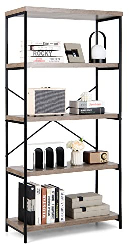 COSTWAY 5-Tier Shelving Unit, Wooden Storage Bookcase Ladder Bookshelf with X-Shaped Bar, Freestanding Metal Frame Display Rack Plant Stand (Grey, 79 x 35 x 159 cm)