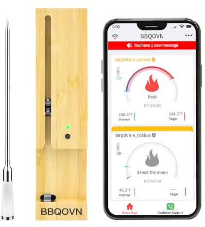 Kabelloses Fleischthermometer mit Bluetooth für Grill, Backofen, Luftfritteuse, Grill, Smoker, Rotisserie, Genauigkeit ± 1 ℃, sofortige 2S-Wiedergabe, intelligente App-Steuerung, Umschalten auf