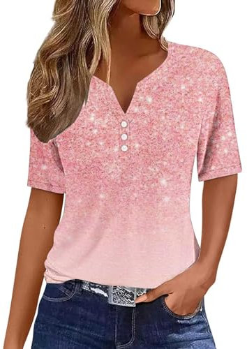 Camisetas Manga Corta Mujer Casual Casual Blusa de Cuello en V con Botones Suelto Colorido Estampados Camiseta Mujer Elegant Moda Camiseta Muticolor Blusas Primavera Verano 2024 Tops