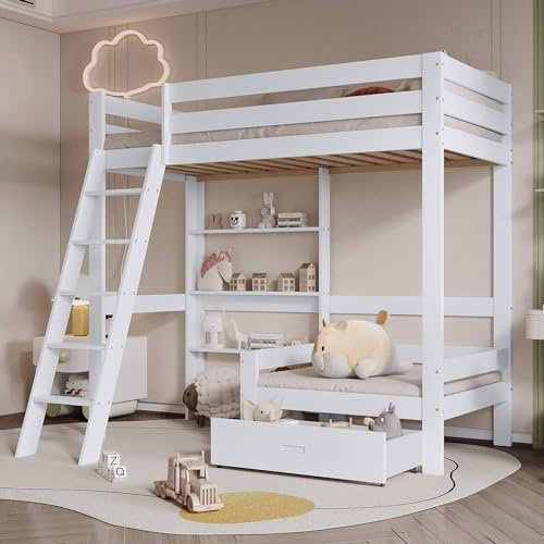HYUB Kinderbett, Etagenbett 90 x 200 cm mit Sofa und Schublade, Vielseitiges Hochbett mit Großer Stauraum und Rausfallschutz, Lattenrost aus Kiefernholz, für Kinderzimmer, Ohne Matratze, Weiß