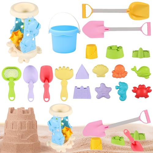 Sandspielzeug Sandförmchen Set,19pcs Sandkasten Spielzeug mit Sanduhr und Eimer,Strandspielzeug Sandförmchen Set mit Sandschaufel und Löffel,Spielstabil Sandspielzeug ab 1 2 3 4 5 Jahr Kinder