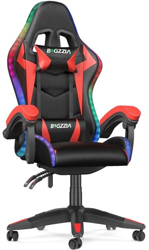 bigzzia Gaming Stuhl mit LED - Gaming Sessel Ergonomischer PC Stuhl mit Kopfstütze, Gamer Stuhl RGB Licht Beleuchtung Computerstuhl, Gamer Chair für Jugendliche und Erwachsene, Schwarz-Rot