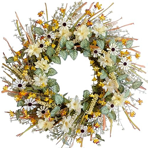 CIR OASES 20-inch Fall wreath Daisies wheat ear green Leaf wreath Four Seasons Decorative wreaths Thanksgiving Holiday Celebration Party Decorative Front door wreaths