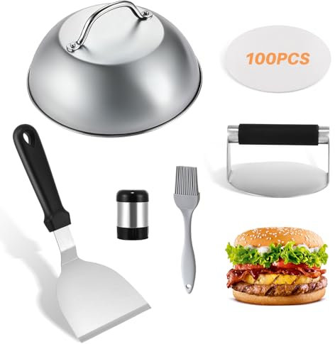 Burger Making Kit, 5PCS Cheese Melting Dome & Smash Burger Press Kit, Basting Cover with & 100 Wax Discs & Grill Spatula for Outdoor Griddle BBQ, Flat Top Teppanyaki Grilling & Steaming
