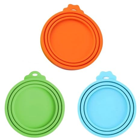 BOBOZHONG 3 Pack Silicone Pet Can Lids, Dog Cat Food Can Covers, Universal, BPA Free, Dishwasher Safe, Airtight, 3 Sizes: 6.5cm/2.5, 7.5cm/2.9, 8.5cm/3.3, Blue, Green, Orange