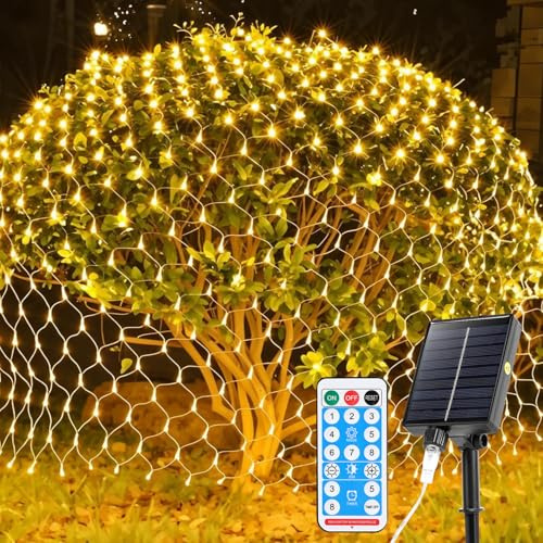 Cecaylie solar lichternetz, 1,5x1,5m-120LEDs lichternetz mit Fernbedienung, 8 Modi-TimingFunktion-MemoryFunktion, IP44, Geeignet für Hochzeits und andere Feiertagsdekorationen, Warmweiß