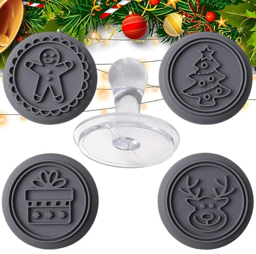 Sghtil Francobolli per biscotti a tema natalizio,Timbro in silicone per biscotti | Stampi per biscotti in silicone con 4 motivi - Alce per alimenti, scatola, alberi di Natale,