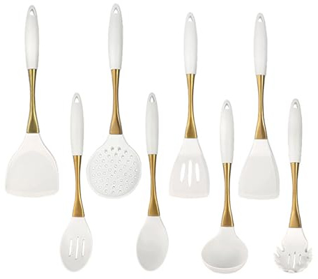 UDOING Ensemble d'ustensiles de Cuisine en Silicone 8 pièces en Acier Inoxydable 304 avec poignée plaquée Or et spatule de Cuisine antiadhésive résistante à la Chaleur Ensemble d'ustensiles de cuis