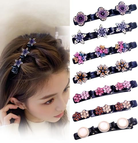 Hair Clips for Styling - 7PCS Crystal Stone Braided Hair Clips, Double-Layer Star and Flower Clips for Women and Girls, Sparkling Rhinestone Duckbill Clips, Non-Slip Hair Accessories (FlaSloth)
