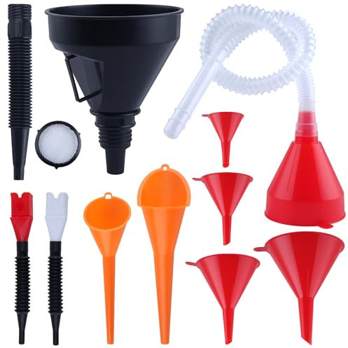 LEONTOOL Embudos de aceite de plástico automotriz Conjunto de 10, embudo flexible automotriz con manguera de embudo de drenaje de aceite flexible de cuello ancho embudos de ángulo recto