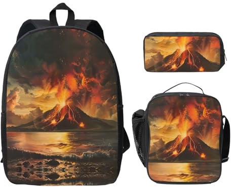 JIUTY Volcano - Mochila con lonchera y lápiz para viajes diarios, Negro, Talla única