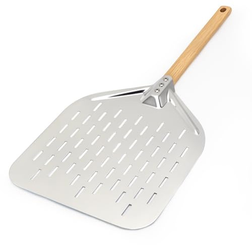 Gugxiom 12-Zoll-Pizzaschieber Mit Perforation, Pizzaschaufel Aus Leichtem Aluminium Mit Abnehmbarem Holzgriff