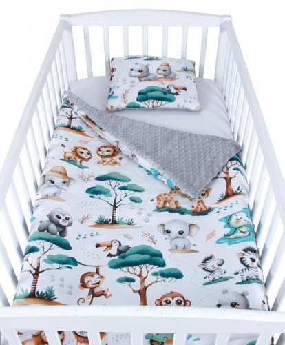 Babylux Babydecke 75x100 cm mit Kissen 30x35 cm – Kuscheldecke aus Minky & Baumwolle – Krabbeldecke für Kinderwagen, Babybett & Spielgruppe (K148 - Grau + Dschungel)