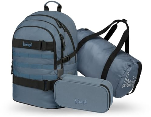 Baagl Skolryggsäck set pojkar 3 delar (skateboard ryggsäck, pennfodral, sportväska), skolväska från 3. Klasse, grundskola skolväska med bröstbälte, ergonomisk skolväska, 25 l, Dammblå, Mittelgroße