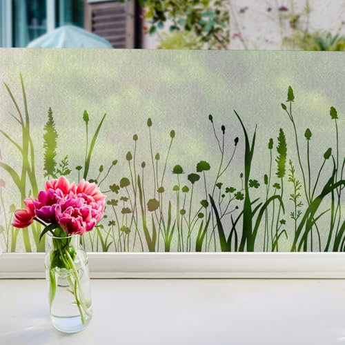 ChicSkin Lámina de imitación con efecto de grabado para ventana, diseño de cardo de malas hierbas, para privacidad y privacidad, lámina estática para ventana de vidrio esmerilado, reutilizable