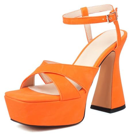 Gueploer Sandali con Tacchi da Donna, Cinturini Incrociati Peep Toe Sandali con Tacco Grosso con Fibbia alla Caviglia per Partito, Quotidiano,Arancia,40 EU