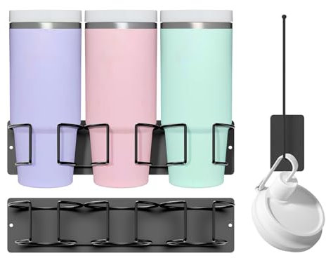 Ghshanog 2Pcs Magnetic Tumbler Holder,Magnetic Cup Storage Rack for Fridge with Hooks,34X11X8CM Carbon Steel Water Bottle Organizer,Tumbler Lid Organizer for Cup Accessories(with Vertical Hook)