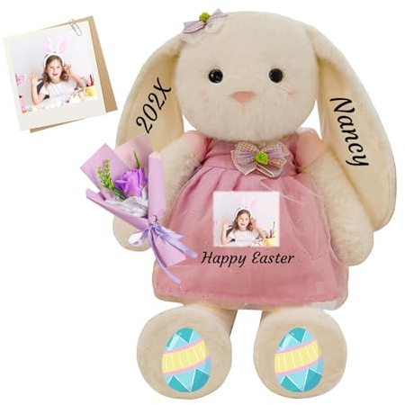 FAHOXUMR Personalisierter Osterhase, Plüschhase mit Foto Text als Personalisiertes Ostergeschenk für Babys, Kinder und Erwachsene, 30 cm