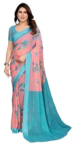 ETHNICMODE Indian Saree For Women Printed Georgette Light Weight Party Wear Peach Sari With Unstitched Turquoise Blouse Piece-1199