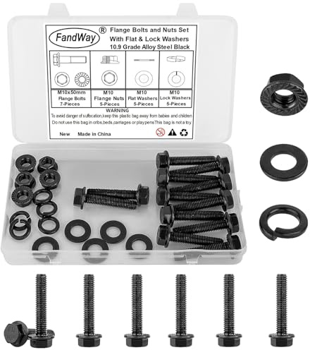 FandWay M10x50mm Flange Head Bolts Black,22 Pcs Flanged Hex Serrated Bolts and Nuts Set With Flat Lock Washers,Flange Hexagon Machine Screws 10.9 Grade Alloy Steel,External Hex Drive.