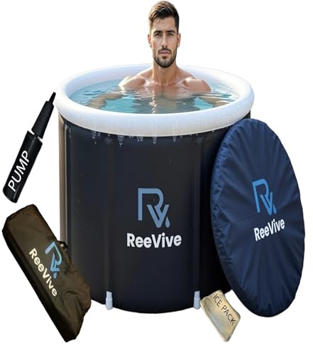 Reevive 370L Portable Ice Bath Cold Plunge Tub with Dome Lid & Cloud Pillow, Dual Valves for Chiller/Filter, Outdoor Recovery Tub with Cover for Athletes & Home Use