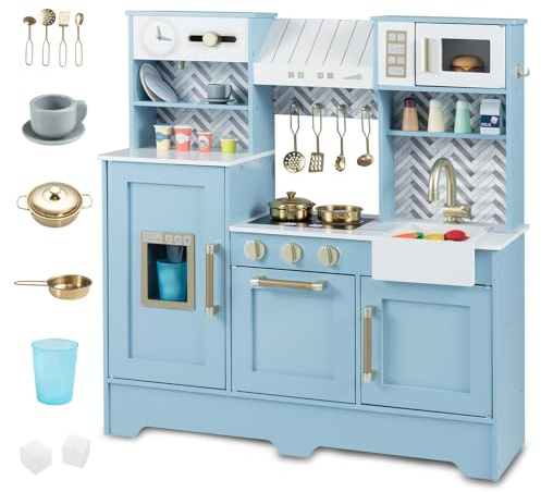 Costzon Kids Kitchen Playset, Toddler Pretend Cooking Playset w/Stoves, Faucet, Sink, Coffee Machine, Range Hood, Microwave Oven & Ice Dispenser, Wooden Chef Play Kitchen for Kids Aged 3+ (Blue)