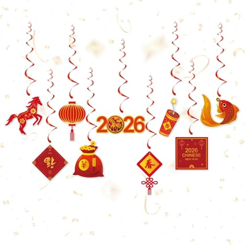 Year of The Horse 2026 Decorations Hanging Red Swirls, 9pcs Chinese New Year Decorations 2026 Foil Spiral Streamers Paper Pendants Spring Festival Lunar New Years Party Decoration Supplies
