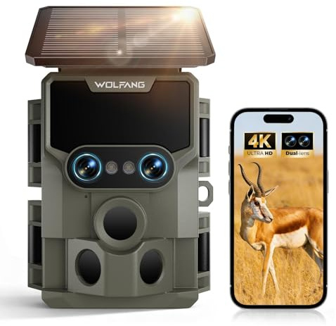 WOLFANG Fototrappola Solare 64MP 4K 30fps, Doppia Lente Wi-fi Bluetooth Fotocamera Caccia con Visione Votturna Stellata, 5000mAh Angolo di Rilevamento 120° Impermeabile IP66