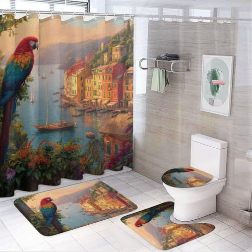 LUYYSKY Buntes romantisches Papageien-Duschvorhang-Dekor-Set, klassische italienische Küste, Berg, Strand, Boot, Blumen, Tier, Vogel, Badezimmer-Dekor-Set mit Teppichen, Badezimmer-Duschvorhang-Set