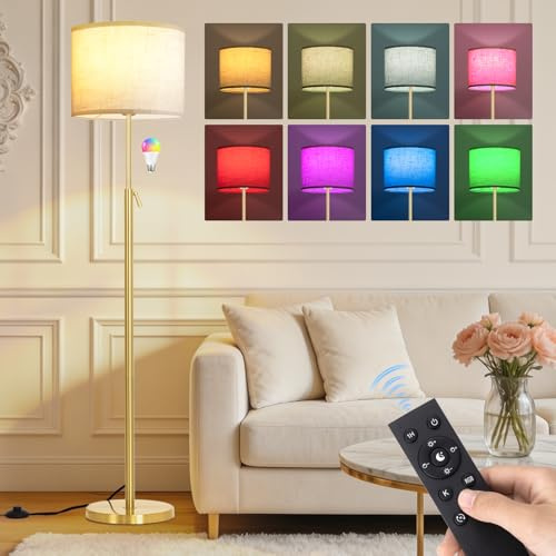 Floor Lamp for Living Room - Gold Modern Tall Standing Lamps for Bedroom | 55-67 Height Adjustable - Stepless Dimmable Color Temperature Standard Lights with Remote Control - RGB Smart LED Bulb